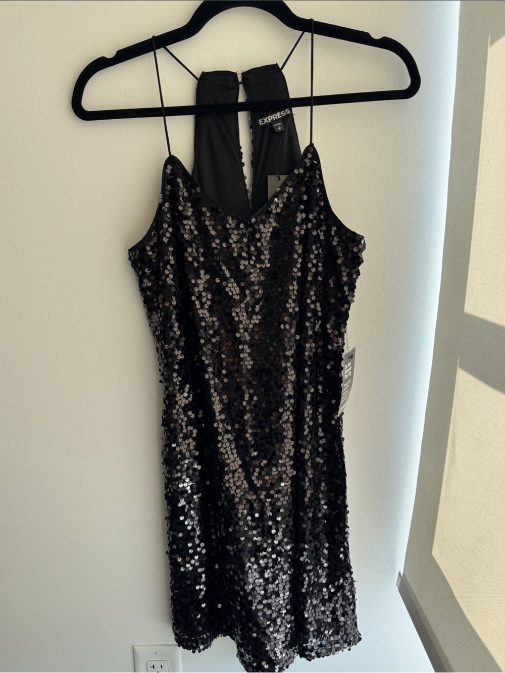 NWT Express Black Sequin Mini Dress with Spaghetti Straps